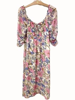 DRY GOODS Lush Floral Smocked Midi Dress in Pink, Blue & Cream